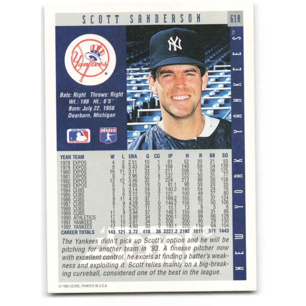 1993 Score #618 Scott Sanderson NM-MT New York Yankees Baseball Card Image 2