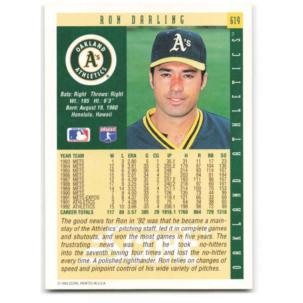 1993 Score #619 Ron Darling NM-MT Oakland Athletics Baseball Card Image 2