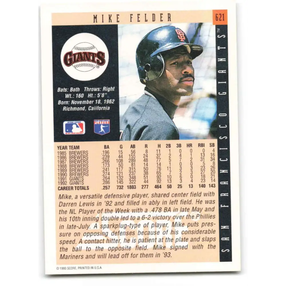 1993 Score #621 Mike Felder NM-MT San Francisco Giants Baseball Card Image 2