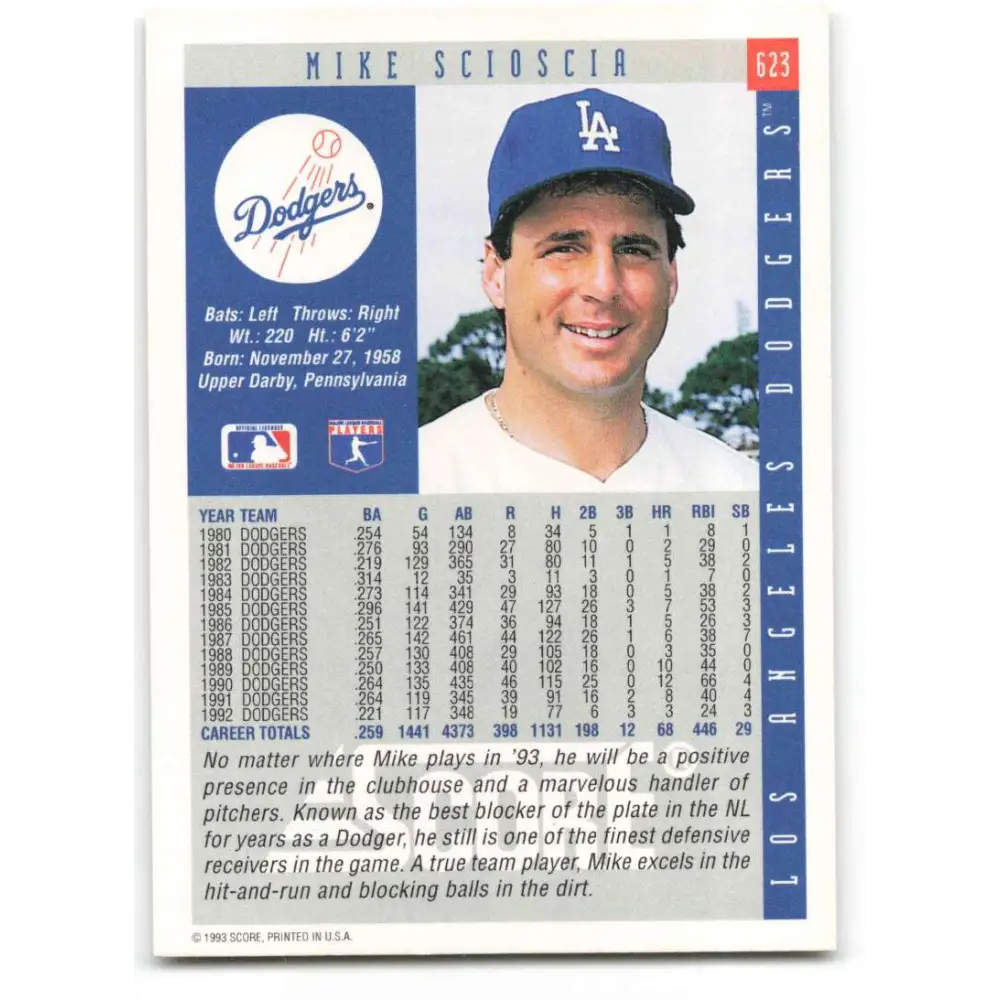 1993 Score #623 Mike Scioscia NM-MT Los Angeles Dodgers Baseball Card Image 2