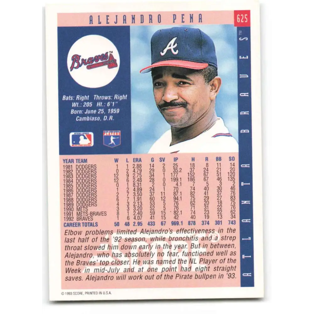 1993 Score #625 Alejandro Pena NM-MT Atlanta Braves Baseball Card Image 2