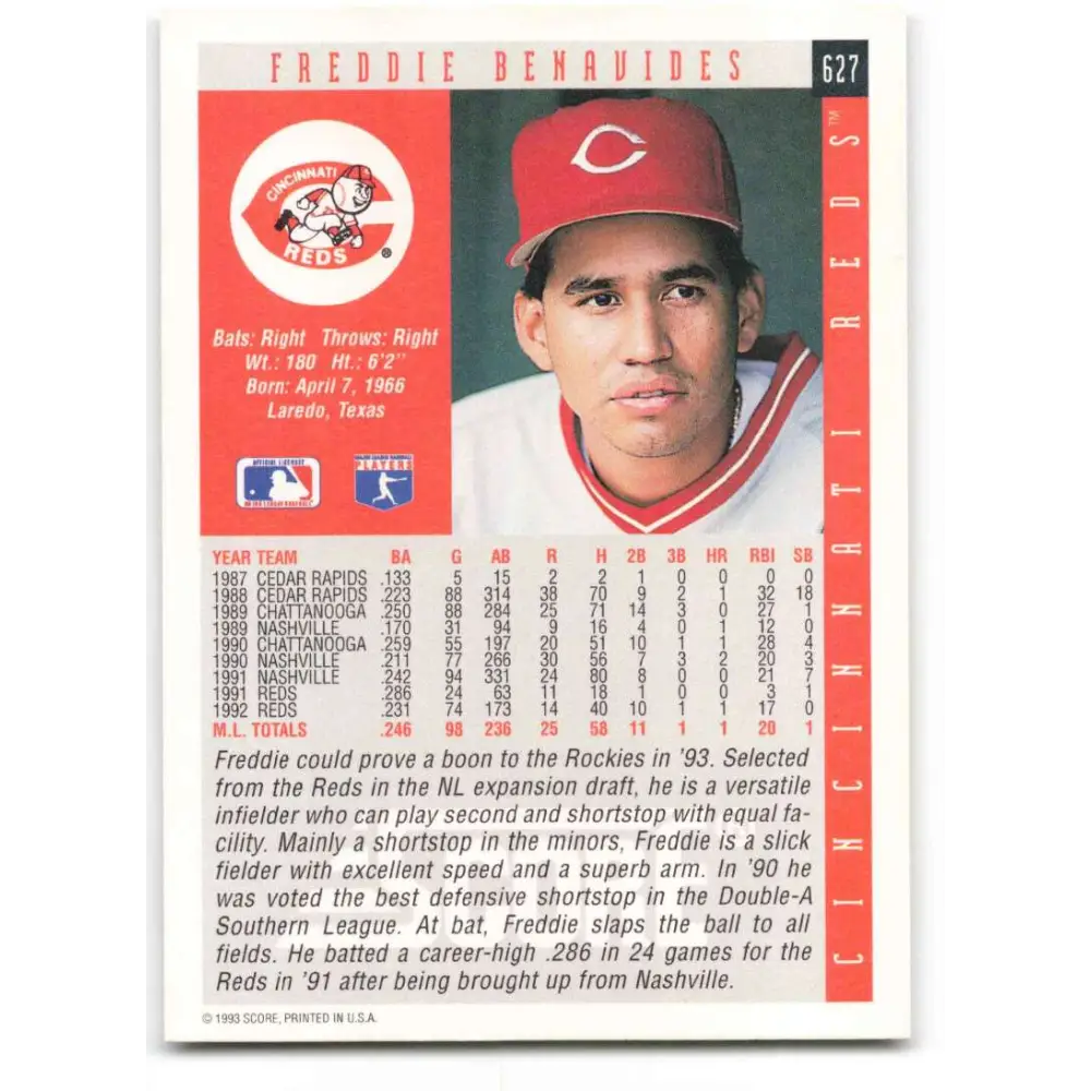 1993 Score #627 Freddie Benavides NM-MT Cincinnati Reds Baseball Card Image 2