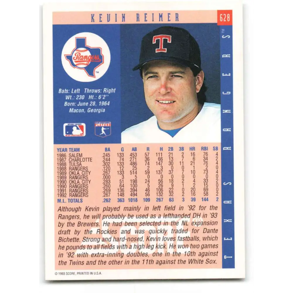 1993 Score #628 Kevin Reimer NM-MT Texas Rangers Baseball Card Image 2