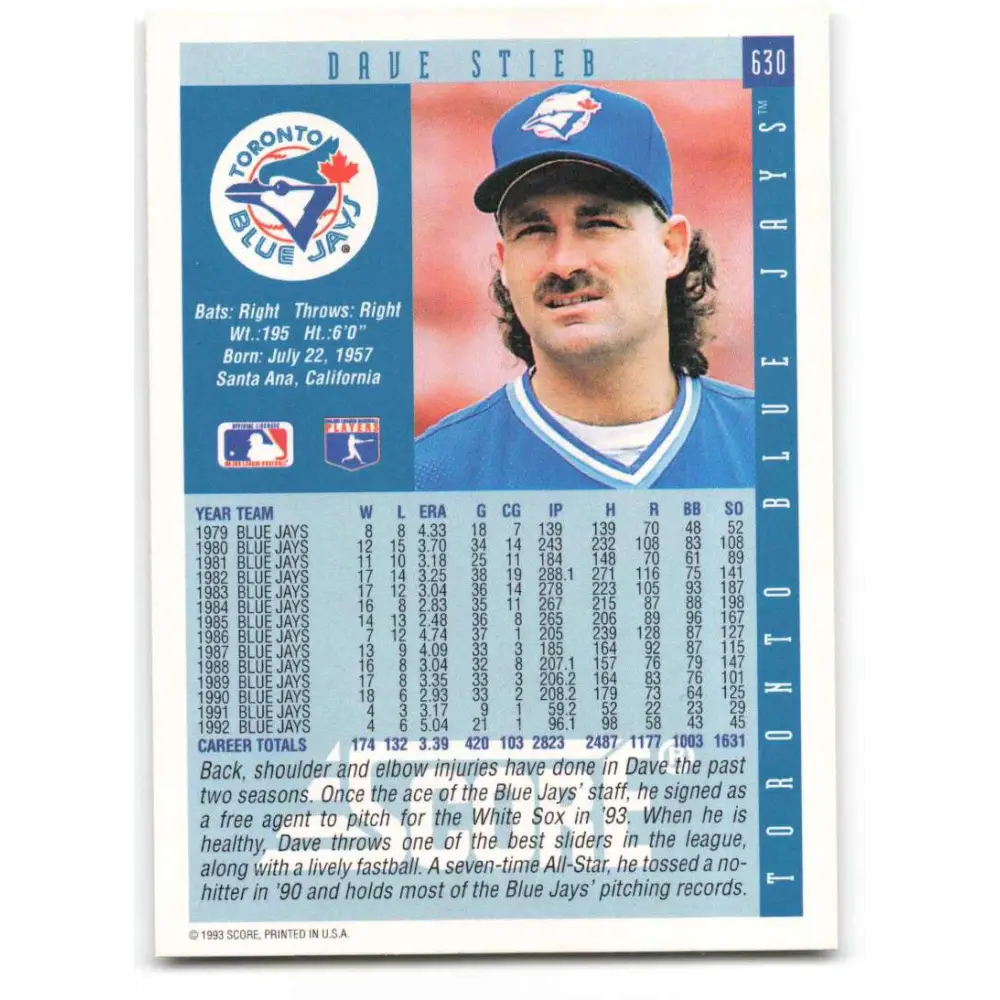 1993 Score #630 Dave Stieb NM-MT Toronto Blue Jays Baseball Card Image 2