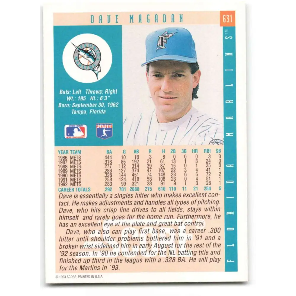 1993 Score #631 Dave Magadan NM-MT Florida Marlins Baseball Card Image 2