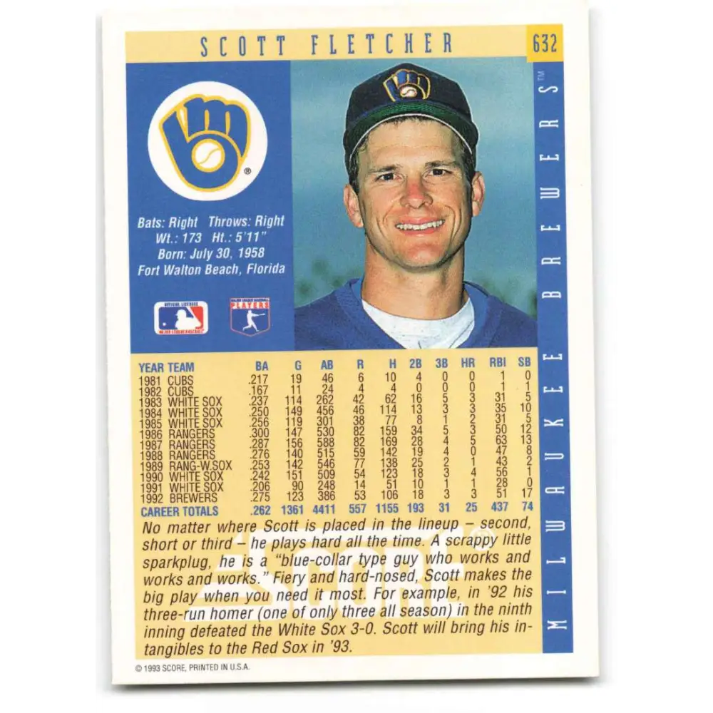 1993 Score #632 Scott Fletcher NM-MT Milwaukee Brewers Baseball Card Image 2