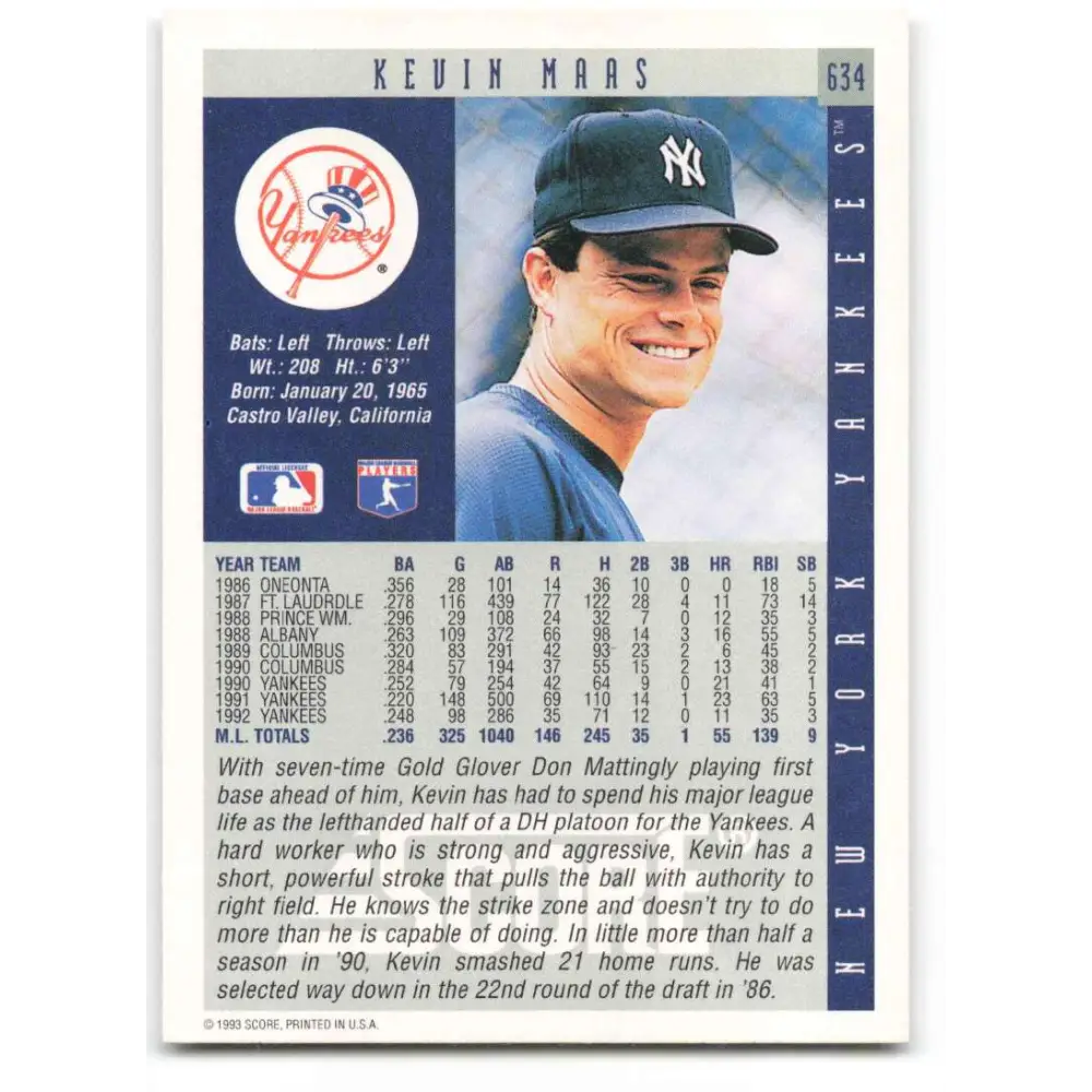 1993 Score #634 Kevin Maas NM-MT New York Yankees Baseball Card Image 2