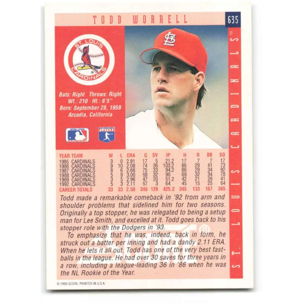 1993 Score #635 Todd Worrell NM-MT St. Louis Cardinals Baseball Card Image 2