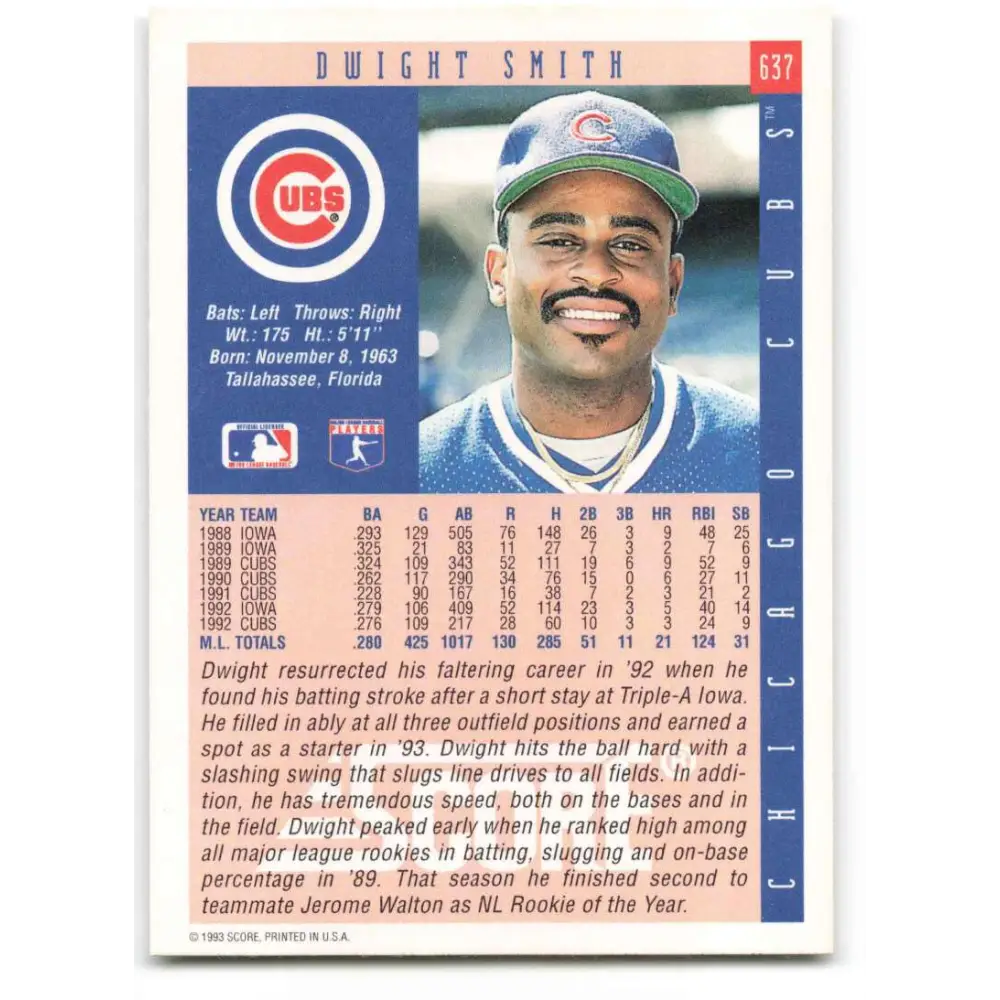 1993 Score #637 Dwight Smith NM-MT Chicago Cubs Baseball Card Image 2