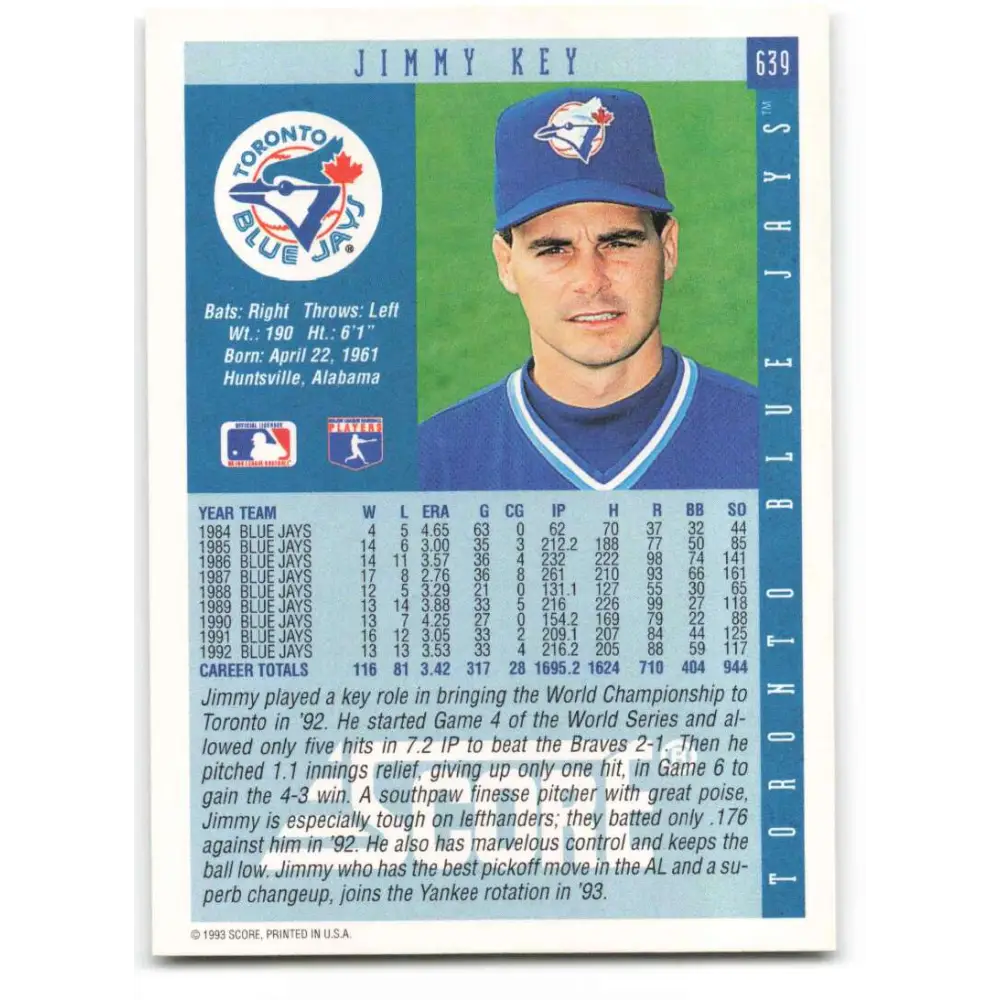 1993 Score #639 Jimmy Key NM-MT Toronto Blue Jays Baseball Card Image 2