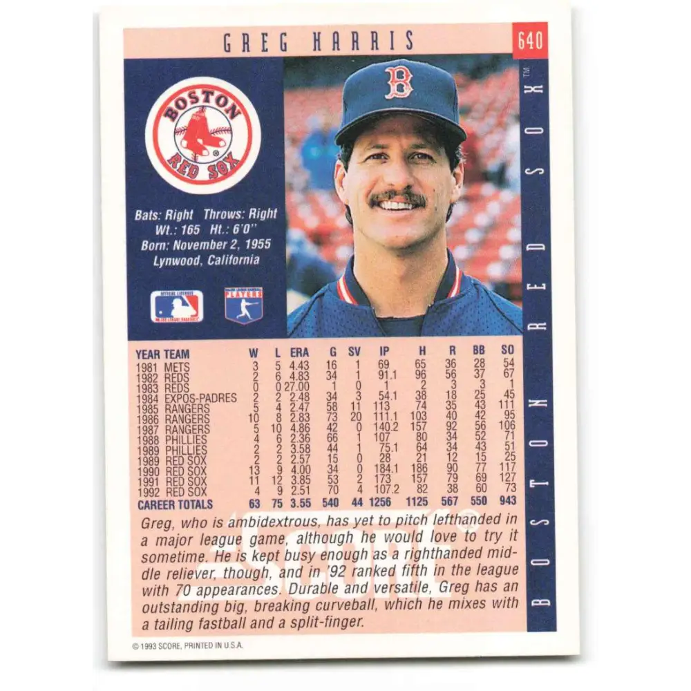 1993 Score #640 Greg Harris NM-MT Boston Red Sox Baseball Card Image 2