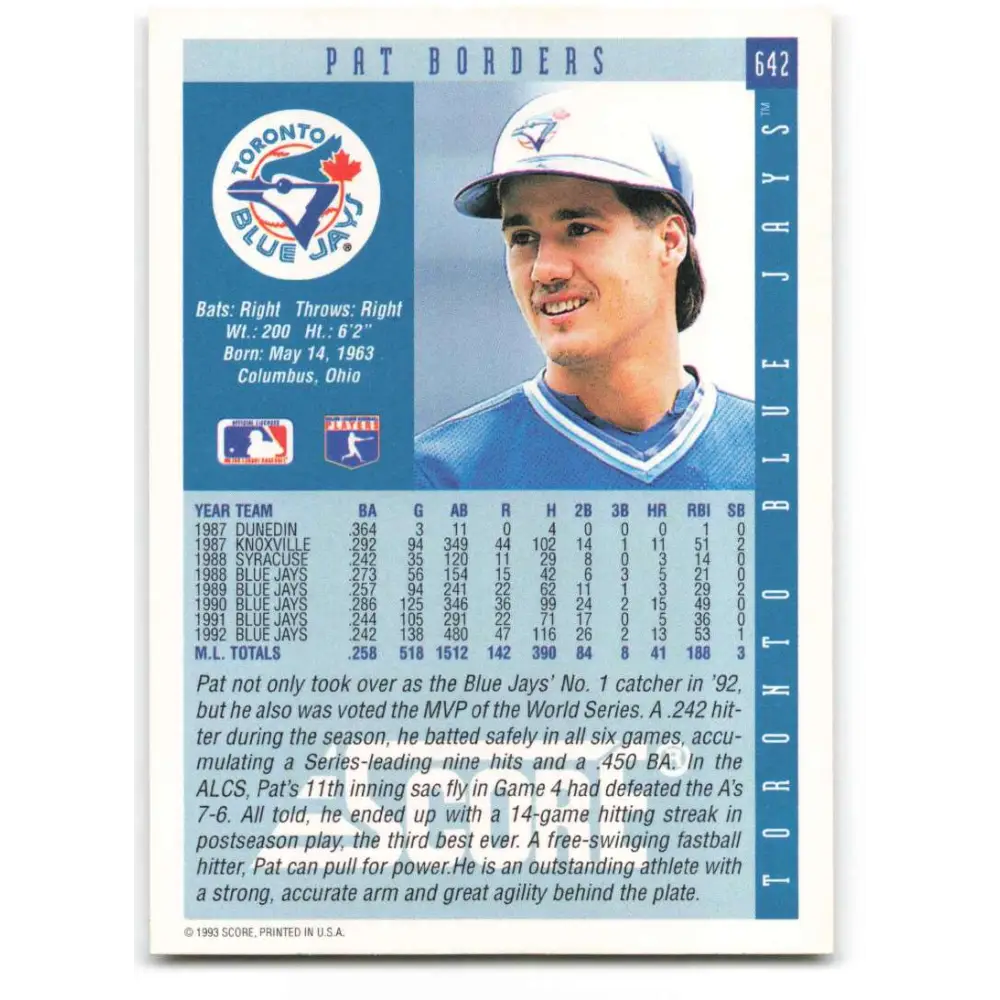 1993 Score #642 Pat Borders NM-MT Toronto Blue Jays Baseball Card Image 2