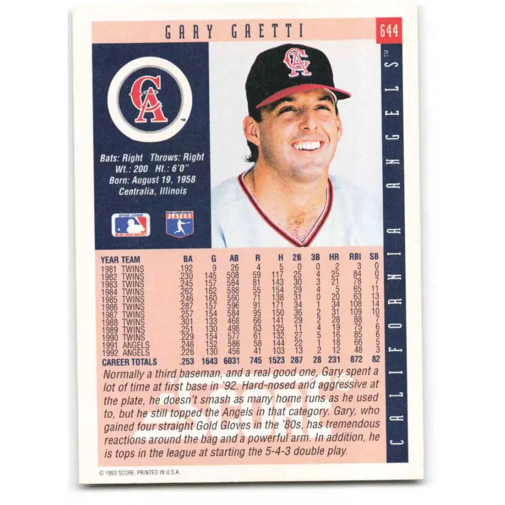 1993 Score #644 Gary Gaetti NM-MT California Angels Baseball Card Image 2