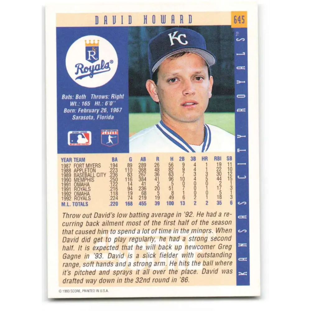1993 Score #645 David Howard NM-MT Kansas City Royals Baseball Card Image 2