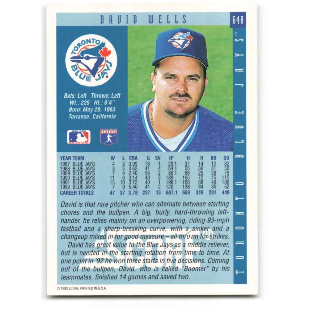 1993 Score #648 David Wells NM-MT Toronto Blue Jays Baseball Card Image 2