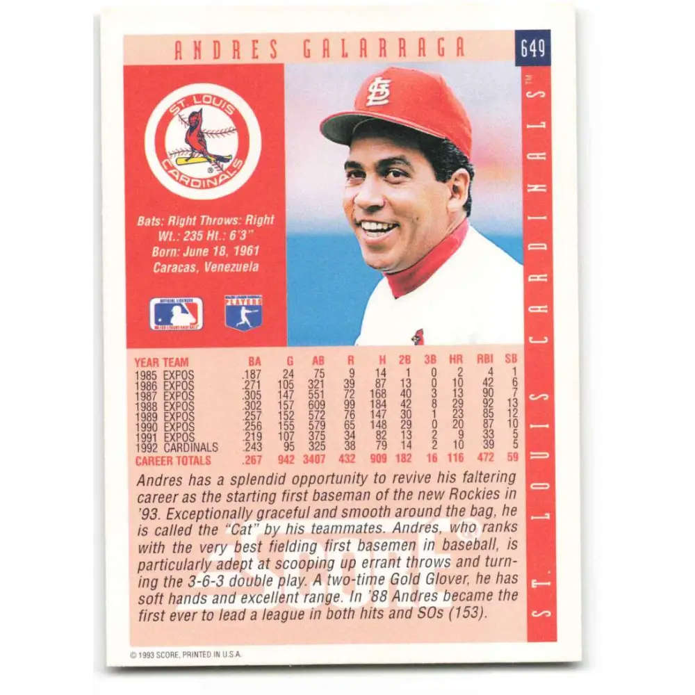 1993 Score #649 Andres Galarraga NM-MT St. Louis Cardinals Baseball Card Image 2