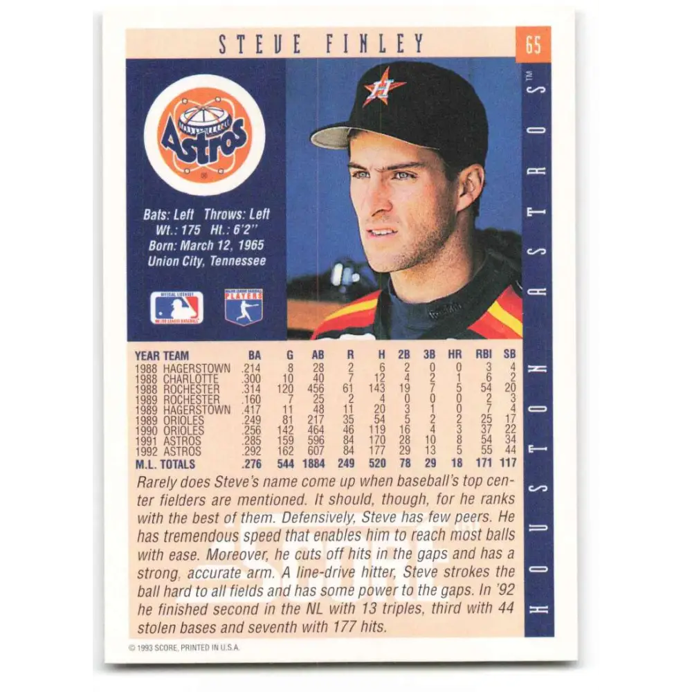 1993 Score #65 Steve Finley NM-MT Houston Astros Baseball Card Image 2