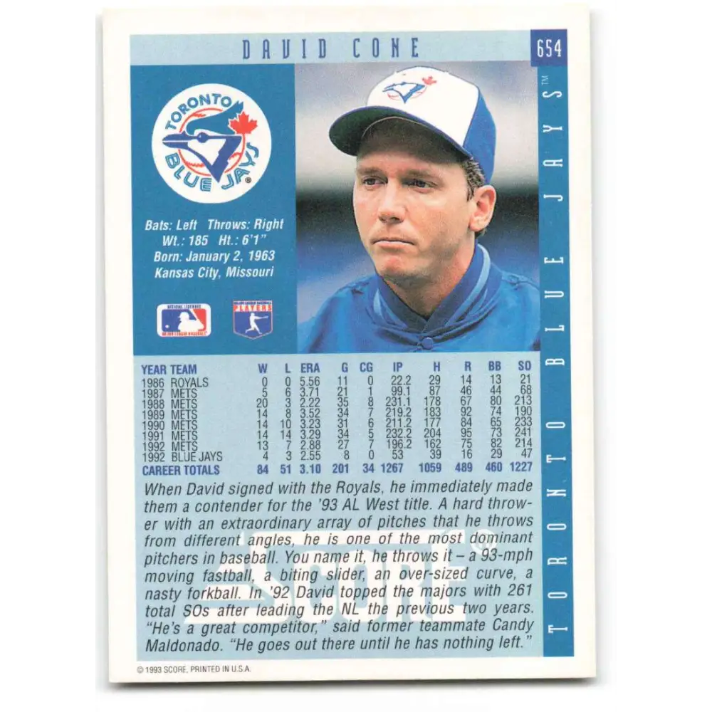 1993 Score #654 David Cone NM-MT Toronto Blue Jays Baseball Card Image 2