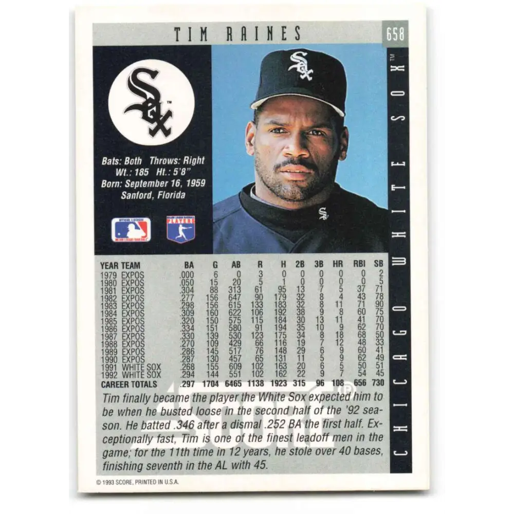1993 Score #658 Tim Raines NM-MT Chicago White Sox Baseball Card Image 2