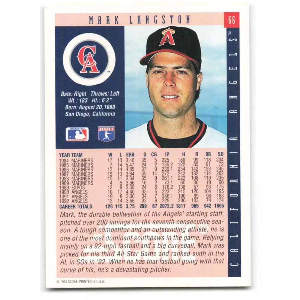 1993 Score #66 Mark Langston NM-MT California Angels Baseball Card Image 2