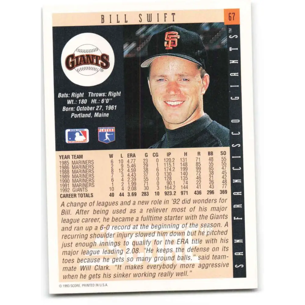 1993 Score #67 Bill Swift NM-MT San Francisco Giants Baseball Card Image 2