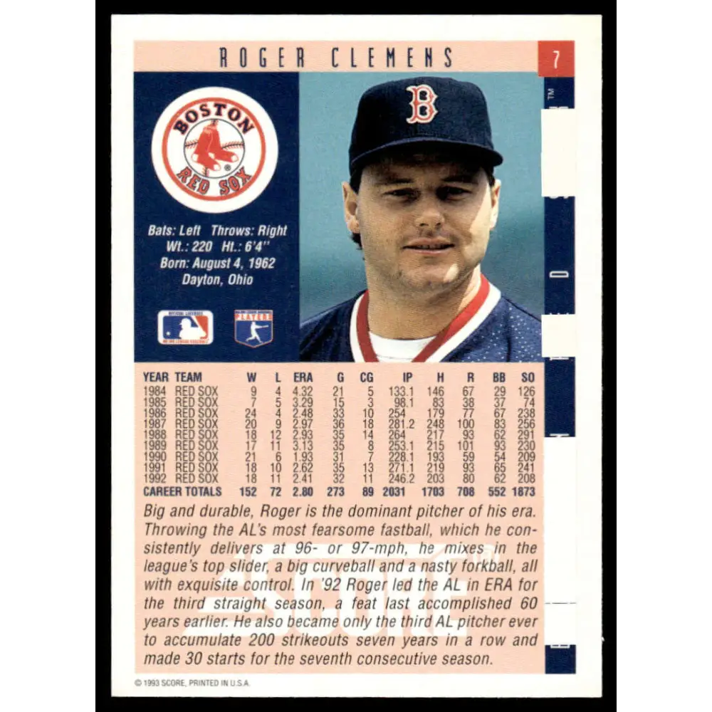 1993 Score #7 Roger Clemens EX/NM Boston Red Sox Baseball Card Image 2