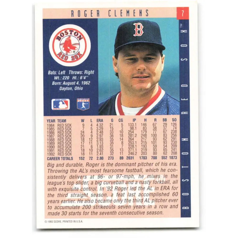 1993 Score #7 Roger Clemens NM-MT Boston Red Sox Baseball Card Image 2