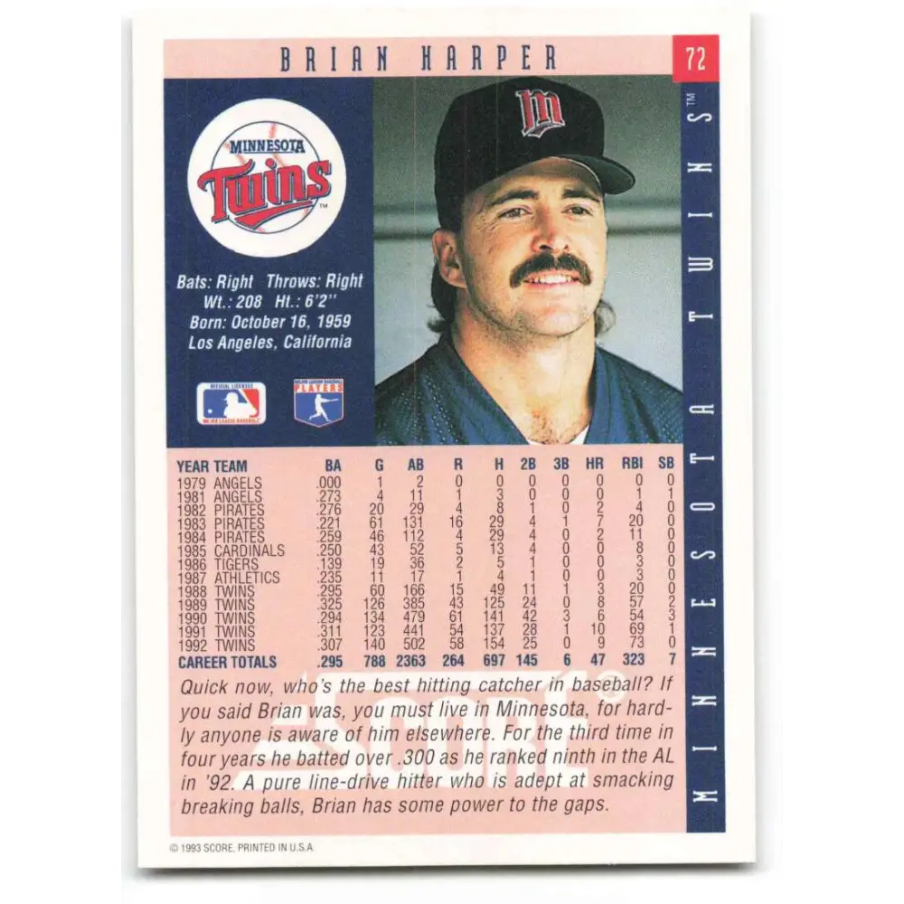 1993 Score #72 Brian Harper NM-MT Minnesota Twins Baseball Card Image 2