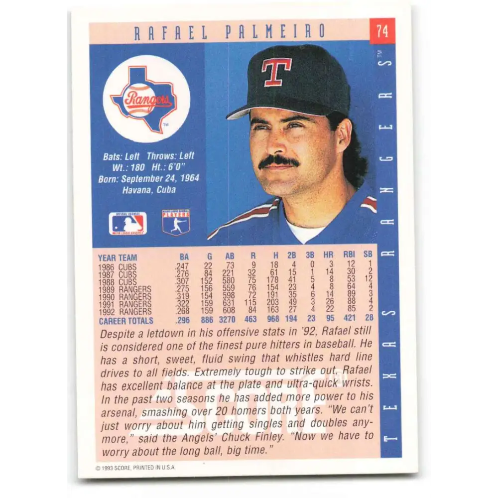 1993 Score #74 Rafael Palmeiro NM-MT Texas Rangers Baseball Card Image 2