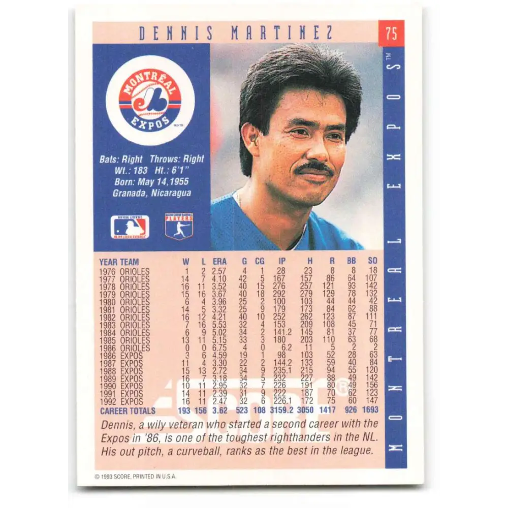 1993 Score #75 Dennis Martinez NM-MT Montreal Expos Baseball Card Image 2