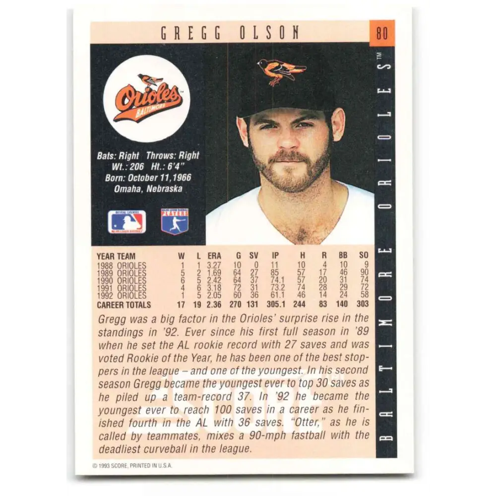 1993 Score #80 Gregg Olson NM-MT Baltimore Orioles Baseball Card Image 2