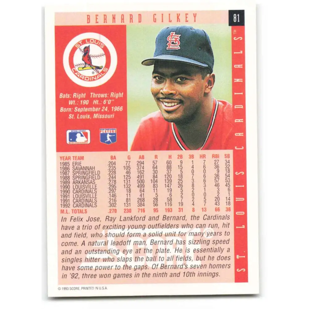 1993 Score #81 Bernard Gilkey NM-MT St. Louis Cardinals Baseball Card Image 2