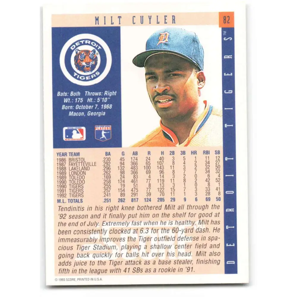 1993 Score #82 Milt Cuyler NM-MT Detroit Tigers Baseball Card Image 2