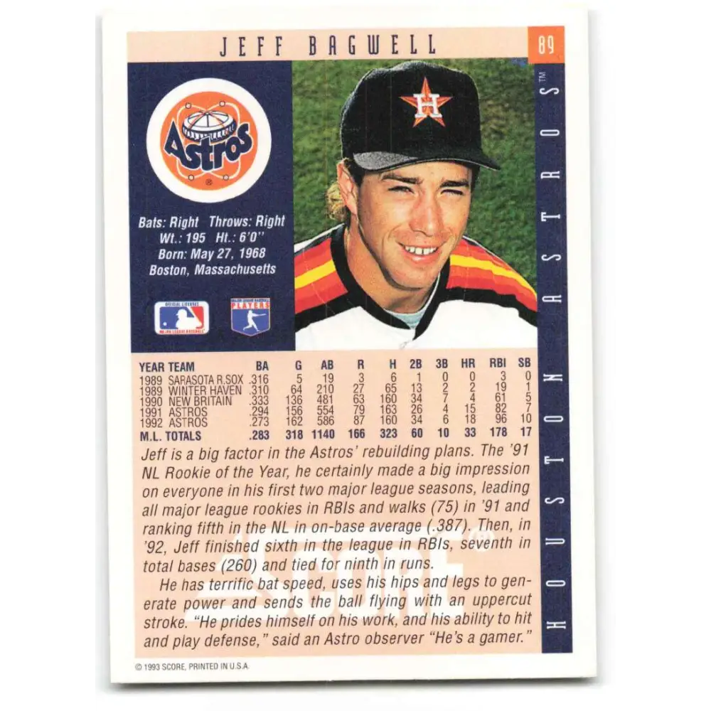 1993 Score #89 Jeff Bagwell NM-MT Houston Astros Baseball Card Image 2