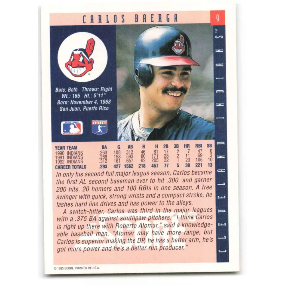 1993 Score #9 Carlos Baerga NM-MT Cleveland Indians Baseball Card Image 2