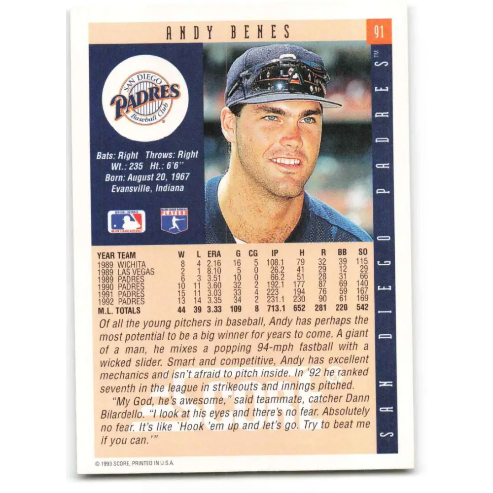 1993 Score #91 Andy Benes NM-MT San Diego Padres Baseball Card Image 2
