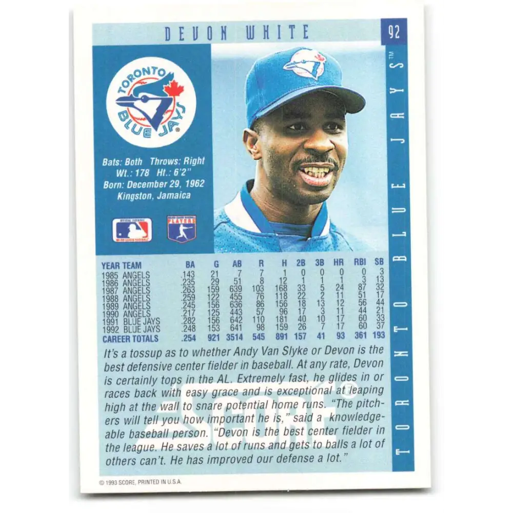 1993 Score #92 Devon White NM-MT Toronto Blue Jays Baseball Card Image 2