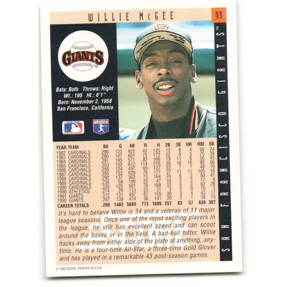 1993 Score #93 Willie McGee NM-MT San Francisco Giants Baseball Card Image 2