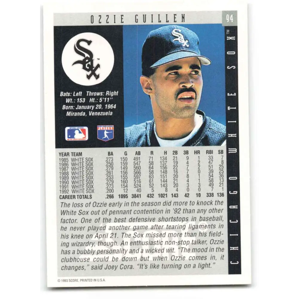 1993 Score #94 Ozzie Guillen NM-MT Chicago White Sox Baseball Card Image 2