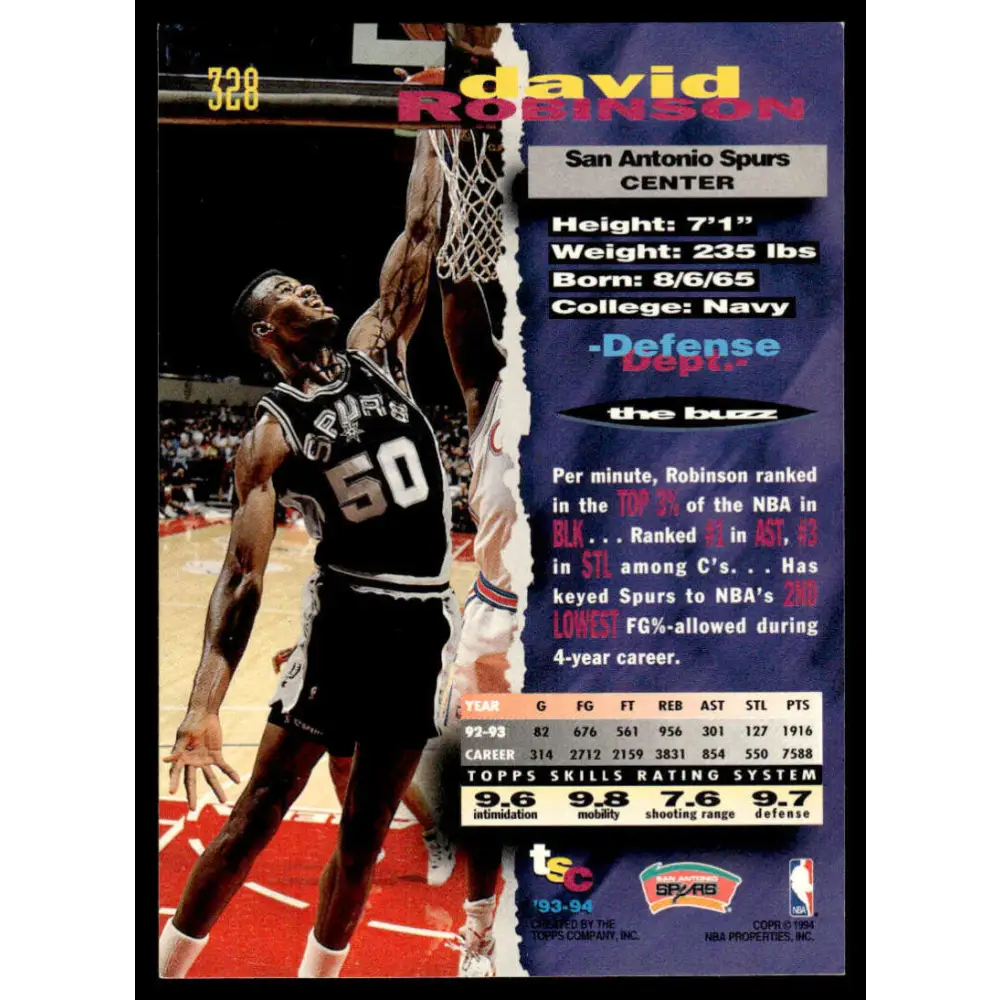 1993 Stadium Club #328 David Robinson NM/MT San Antonio Spurs Basketball Card Image 2