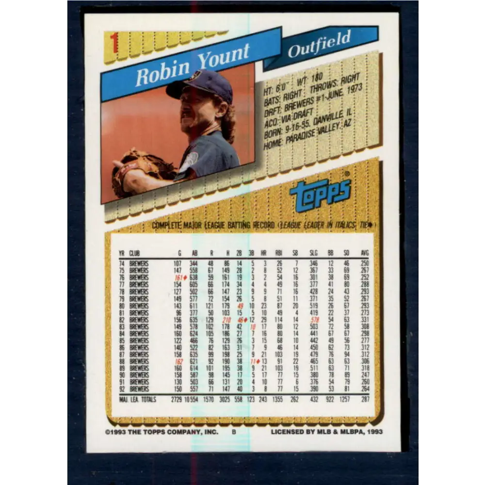 1993 Topps #1 Robin Yount NM-MT Milwaukee Brewers Baseball Card  Image 2