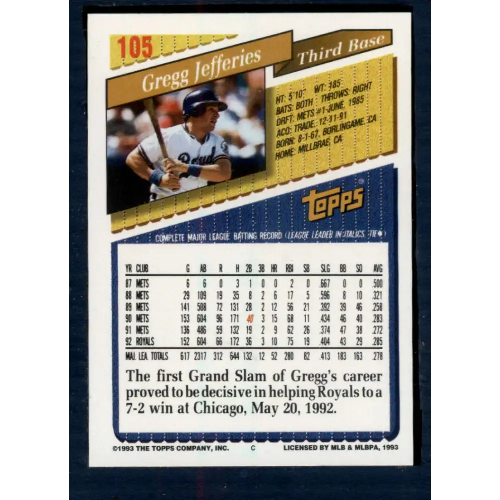 1993 Topps #105 Gregg Jefferies NM-MT Kansas City Royals Baseball Card  Image 2
