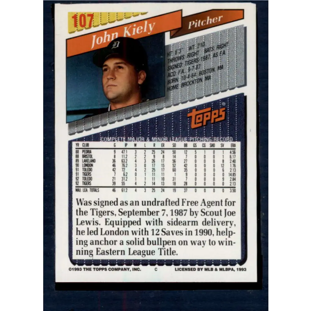 1993 Topps #107 John Kiely NM-MT Detroit Tigers Baseball Card  Image 2