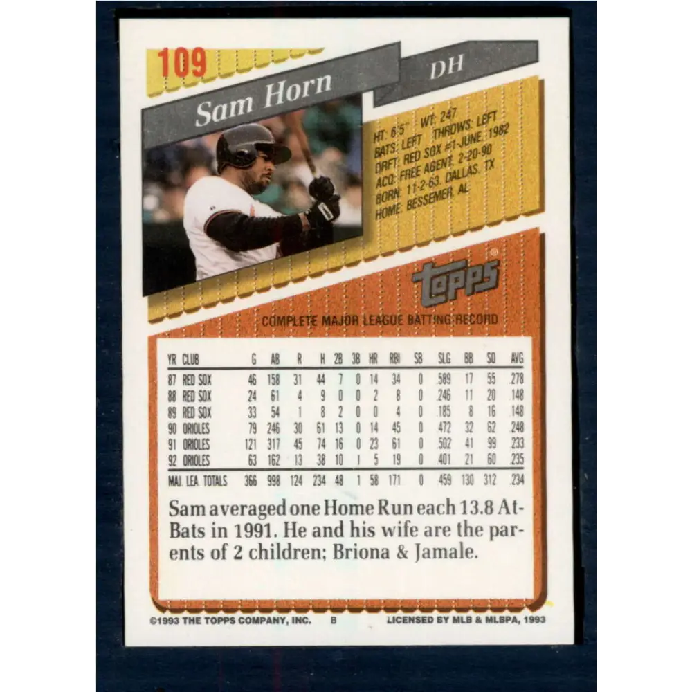 1993 Topps #109 Sam Horn NM-MT Baltimore Orioles Baseball Card  Image 2
