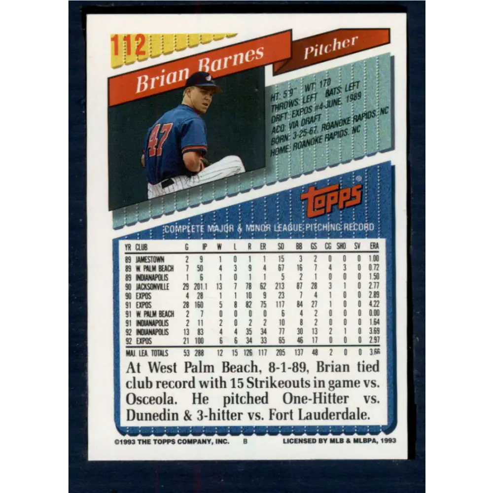 1993 Topps #112 Brian Barnes NM-MT Montreal Expos Baseball Card  Image 2