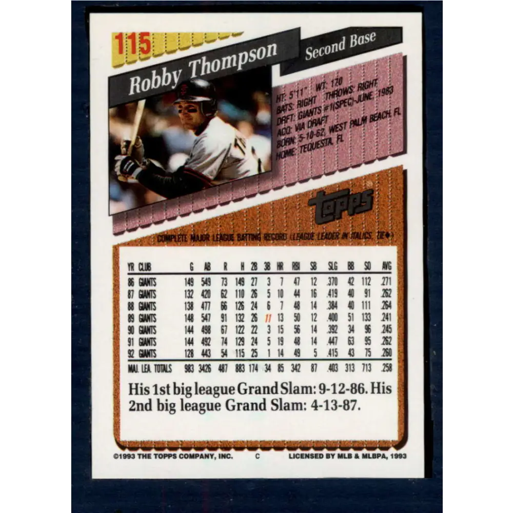 1993 Topps #115 Robby Thompson NM-MT San Francisco Giants Baseball Card  Image 2