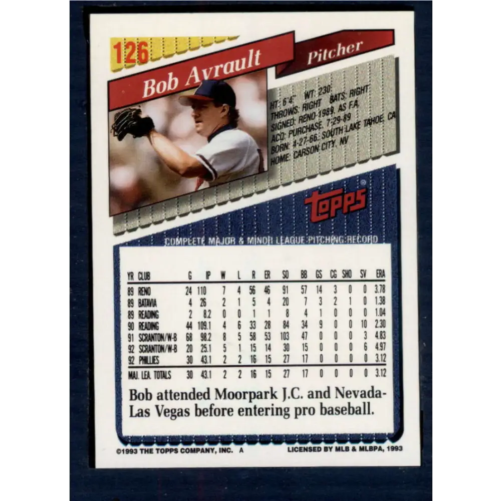 1993 Topps #126 Bob Ayrault NM-MT Philadelphia Phillies Baseball Card  Image 2