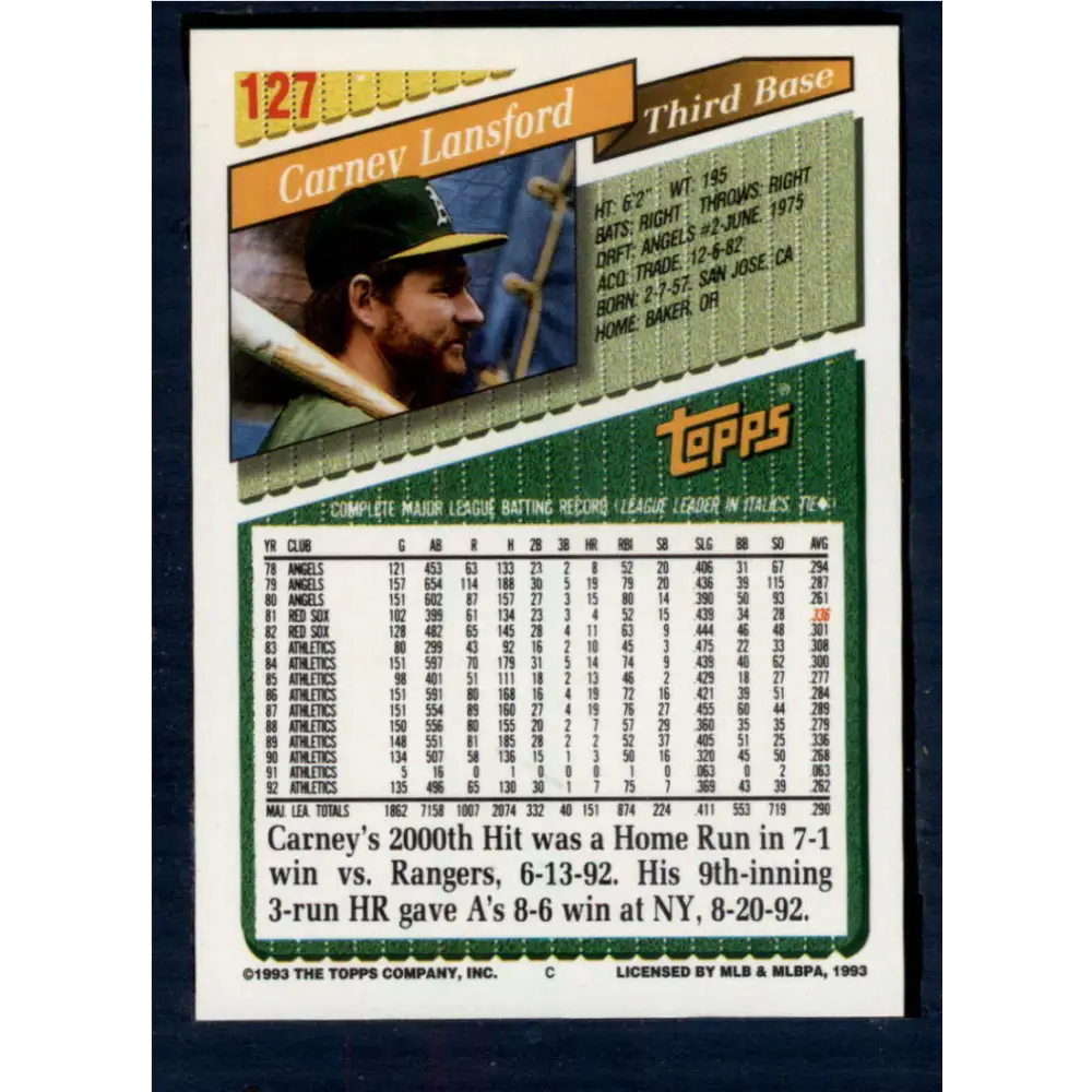 1993 Topps #127 Carney Lansford NM-MT Oakland Athletics Baseball Card  Image 2