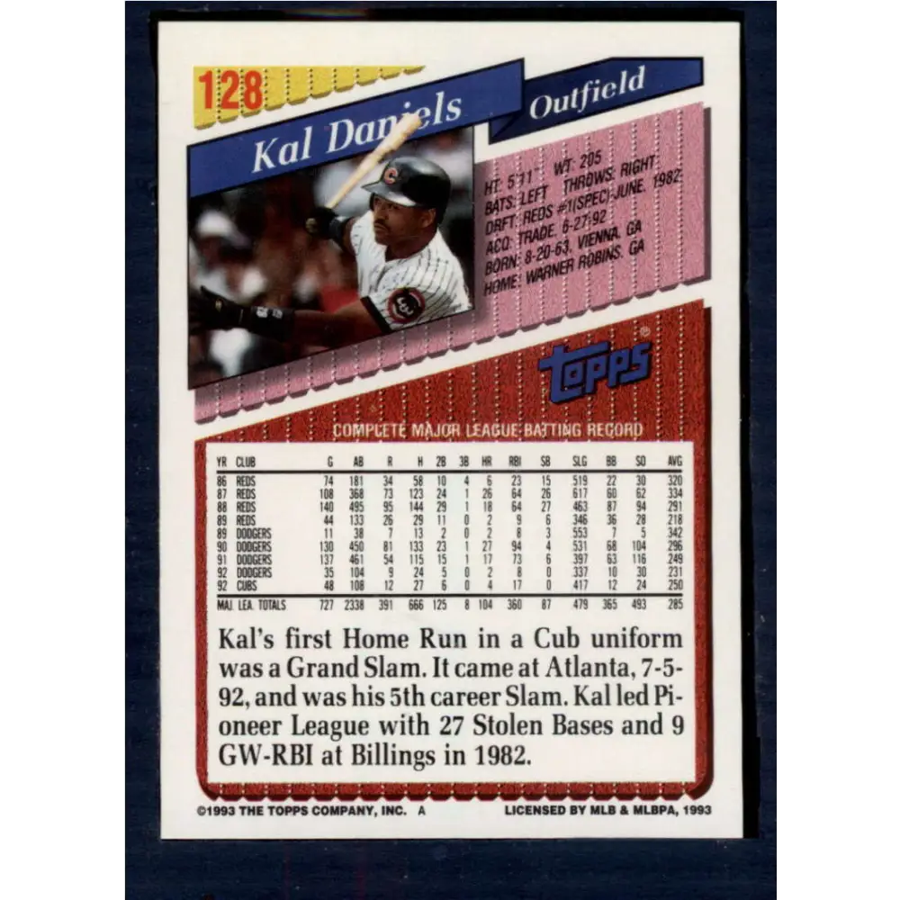 1993 Topps #128 Kal Daniels NM-MT Chicago Cubs Baseball Card  Image 2