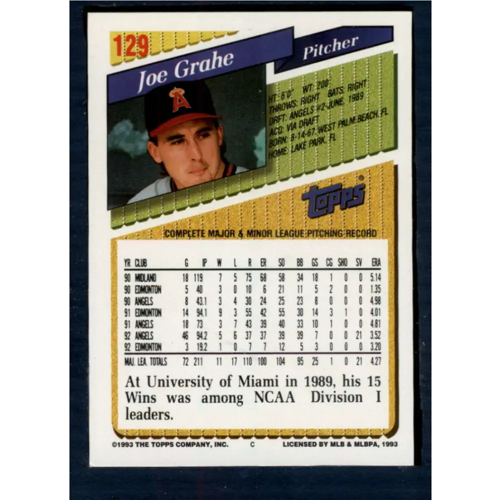 1993 Topps #129 Joe Grahe NM-MT California Angels Baseball Card  Image 2